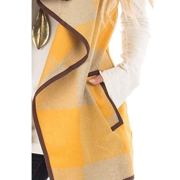 Mustard Yellow Plaid Waterfall Cardigan Vest - Picture 3 of 3